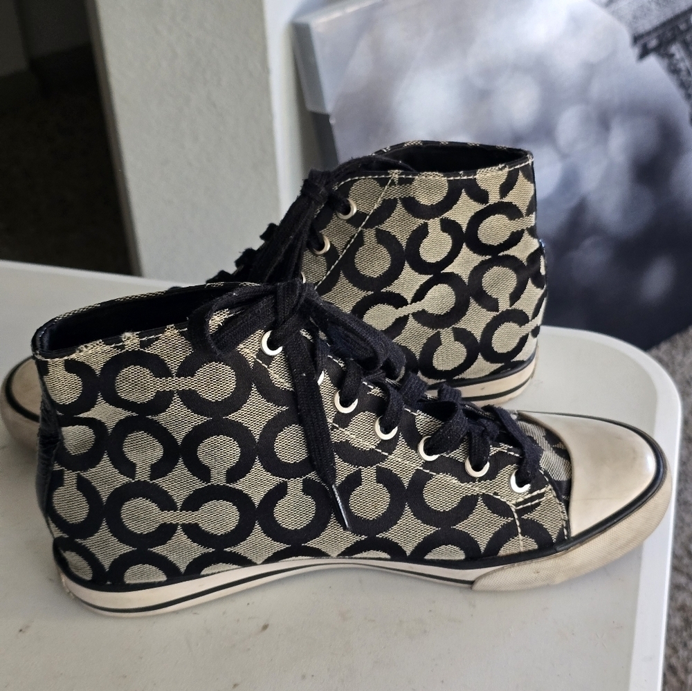 Coach Cardinal High Top Sneakers Women Sz 8B Black White Signature Logo … - Picture 11 of 16